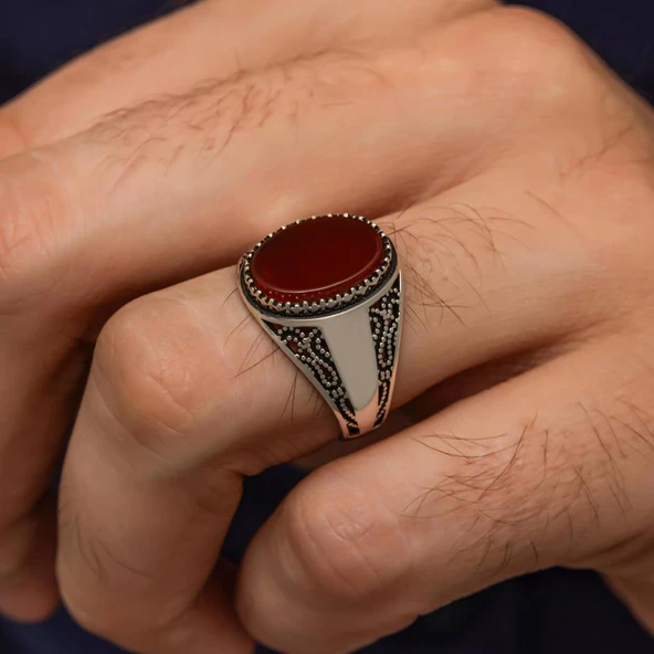 Akik Oval Taşlı 925 Gümüş Yüzük - Resim 3