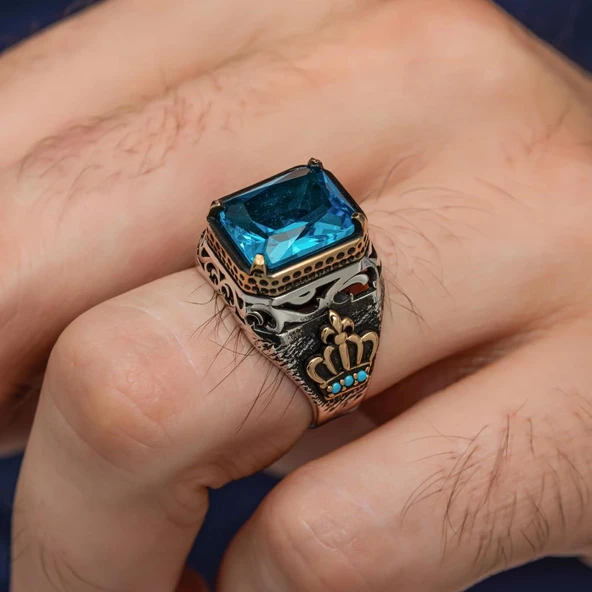 Aqua Mavi Taşlı Kral Tacı Motifli 925 Gümüş Yüzük - Resim 3