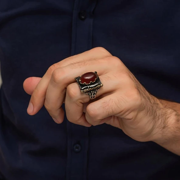 Oval Akik Taşlı Elifvav 925 Ayar Gümüş Yüzük - 4