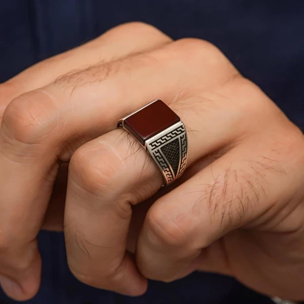 Kare Akik Taşlı Grek Motif 925 Gümüş Erkek Yüzük - Resim 5