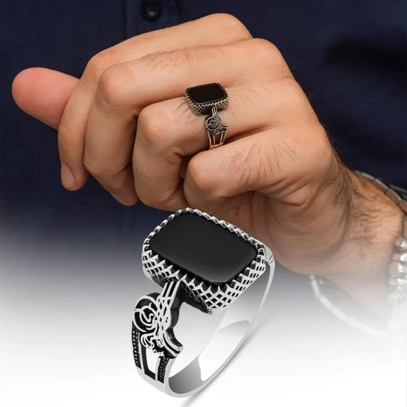 Siyah Oniks Taşlı Tuğra Motifli 925 Gümüş Erkek Yüzük ürün görseli