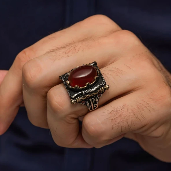 Oval Akik Taşlı Elifvav 925 Ayar Gümüş Yüzük - 3