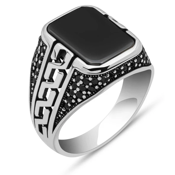 Siyah Oniks Taşlı Grek Motifli 925 Gümüş Erkek Yüzük - Resim 2