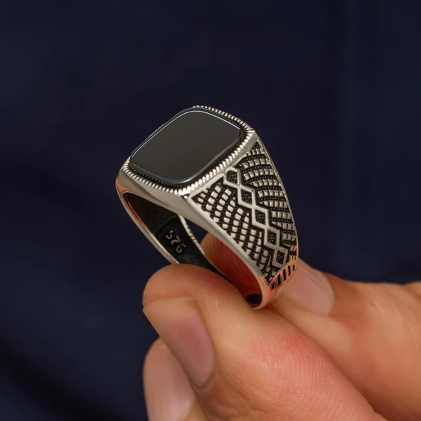 Siyah Oniks Taşlı Kare Tasarım 925 Gümüş Yüzük - Resim 5