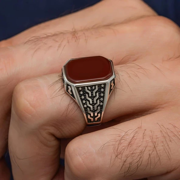 Akik Taşlı 925 Gümüş Erkek Yüzük - 3