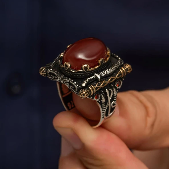 Oval Akik Taşlı Elifvav 925 Ayar Gümüş Yüzük - 5