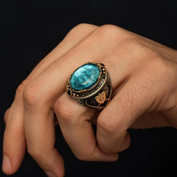 İsimli Mavi Taşlı 925 Ayar Gümüş Yüzük - Resim 3