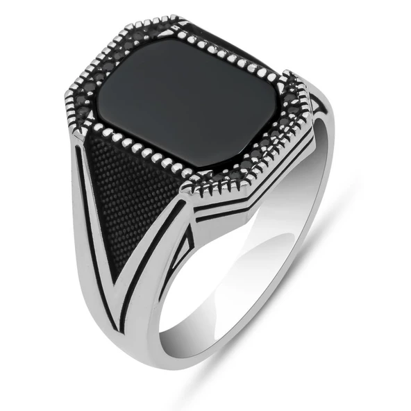 Siyah Oniks Taşlı Kare Tasarım 925 Gümüş Yüzük - Resim 2