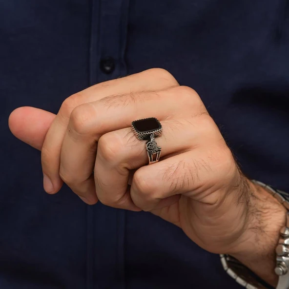 Siyah Oniks Taşlı Tuğra Motifli 925 Gümüş Erkek Yüzük - Resim 6