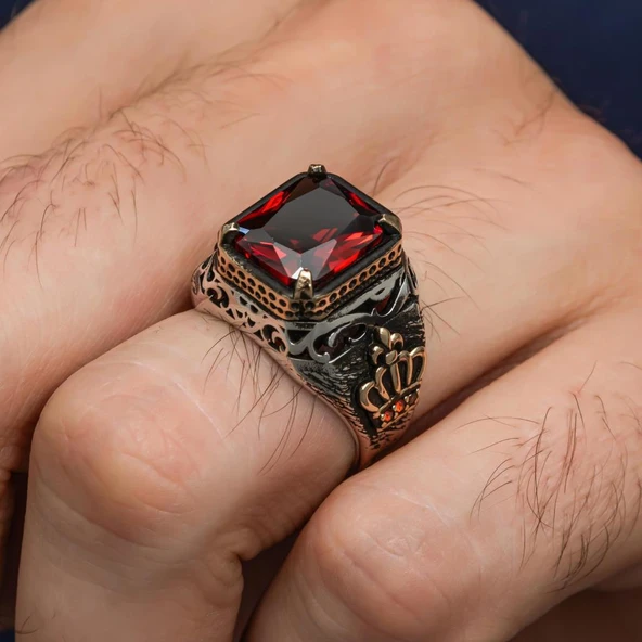 Kırmızı Taşlı Kral Tacı Motifli 925 Gümüş Erkek Yüzük - Resim 3