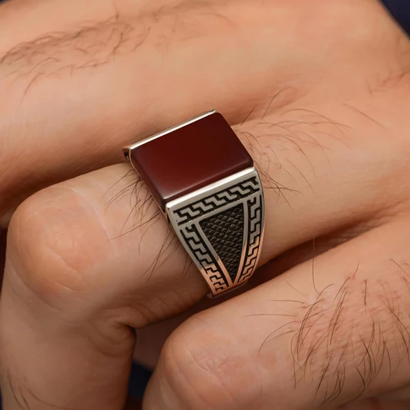 Kare Akik Taşlı Grek Motif 925 Gümüş Erkek Yüzük - Resim 3