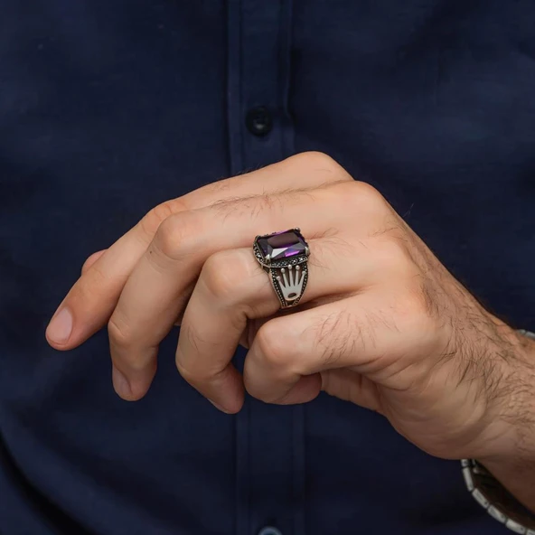 Kare Mor Taşlı 925 Gümüş Erkek Yüzük - Resim 5