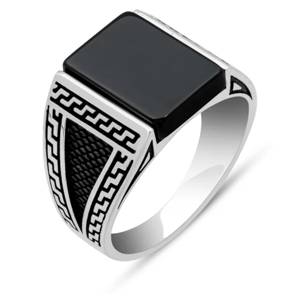 Kare Siyah Taşlı Grek Motif 925 Gümüş Erkek Yüzük - Resim 2