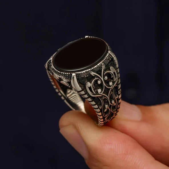 Oval Siyah Oniks Taşlı 925 Gümüş Erkek Yüzük - 6