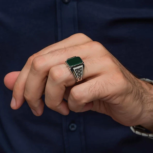 Yeşil Taşlı Kazaz Model 925 Gümüş Yüzük - Resim 4