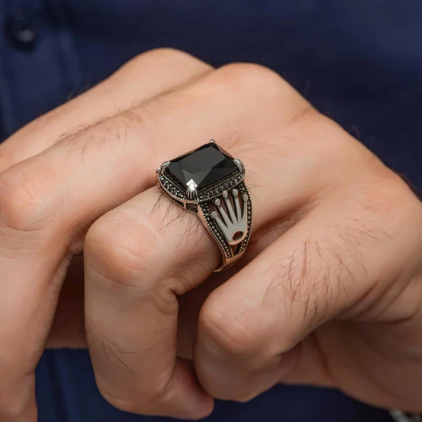 Kare Siyah Taşlı 925 Gümüş Erkek Yüzük - Resim 6