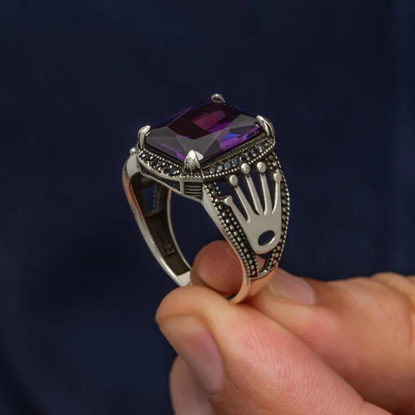 Kare Mor Taşlı 925 Gümüş Erkek Yüzük - Resim 4