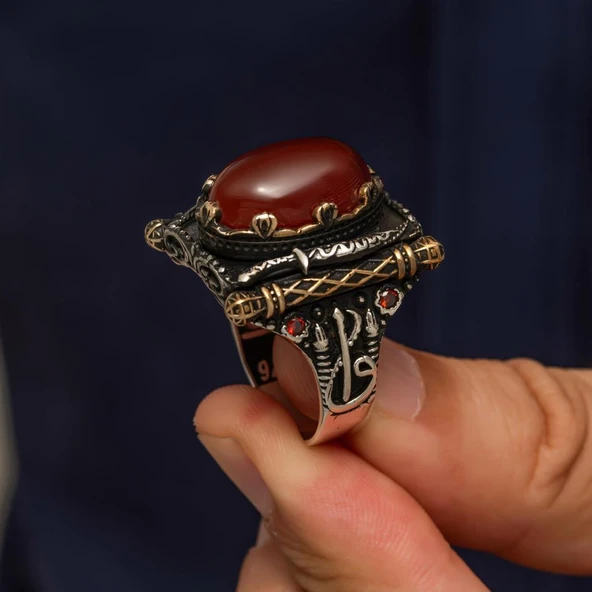 Oval Akik Taşlı Elifvav 925 Ayar Gümüş Yüzük - 7