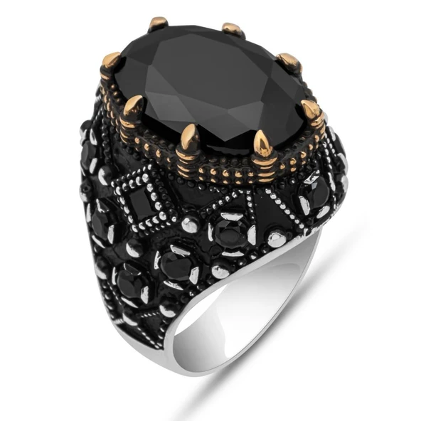 Oval Siyah Taşlı 925 Gümüş Erkek Yüzük - Resim 2