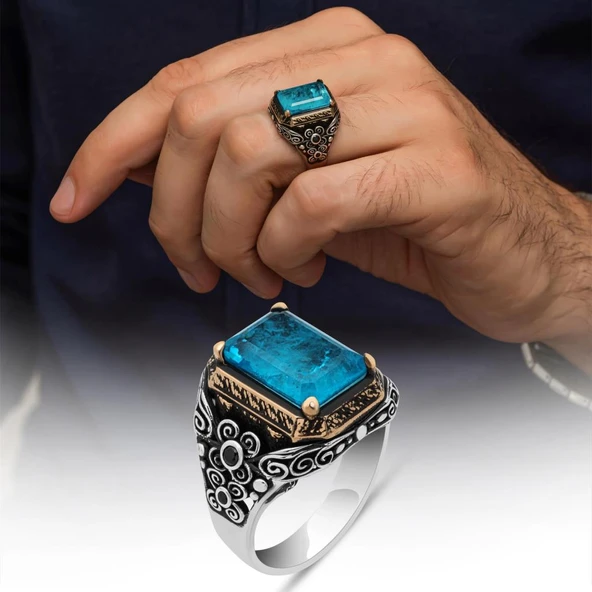 Mavi Paraiba Taşlı Kare 925 Gümüş Erkek Yüzük ürün görseli