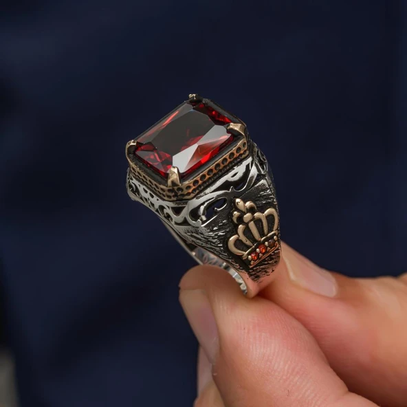 Kırmızı Taşlı Kral Tacı Motifli 925 Gümüş Erkek Yüzük - Resim 5