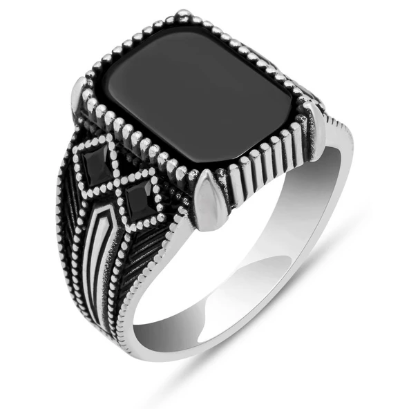 Siyah Oniks Taşlı 925 Gümüş Yüzük - Resim 2