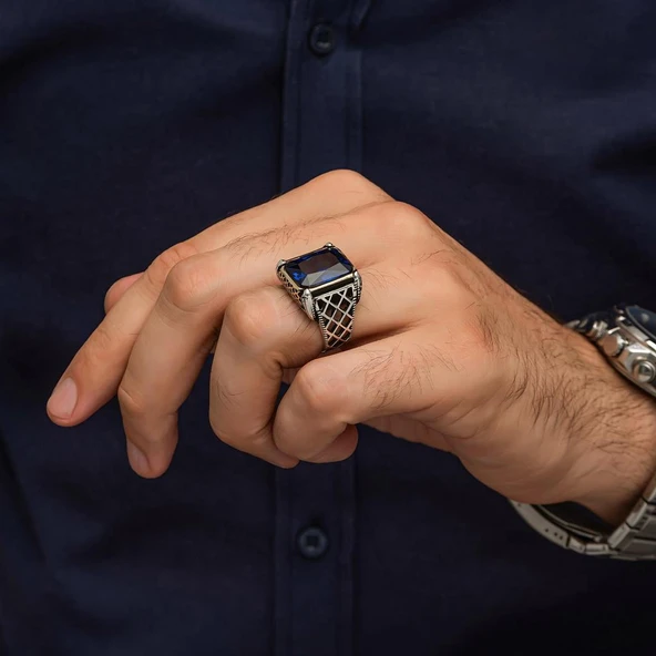 Parlament Mavisi Taşlı Kare 925 Gümüş Erkek Yüzük - 5