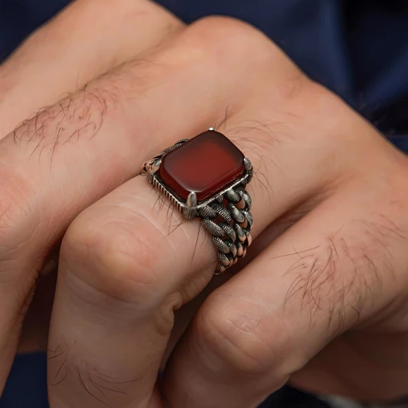 Kare Akik Taşlı 925 Gümüş Yüzük - Resim 3