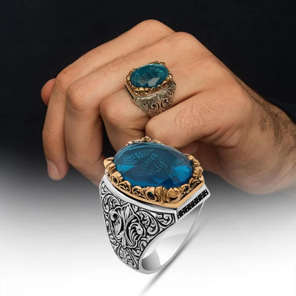 İsimli Mavi Taşlı 925 Gümüş Yüzük ürün görseli