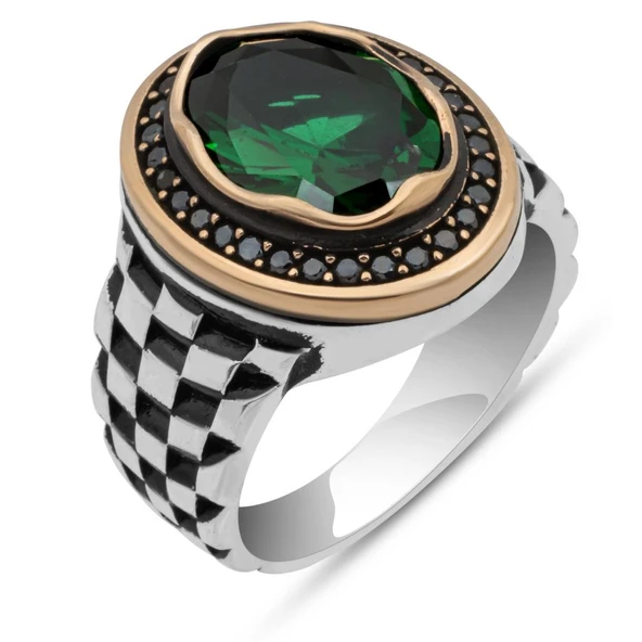 Oval Yeşil Taşlı Kordon Modeli 925 Gümüş Erkek Yüzük - 2