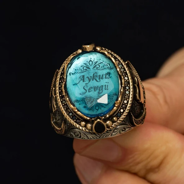 İsimli Mavi Taşlı 925 Ayar Gümüş Yüzük - Resim 4