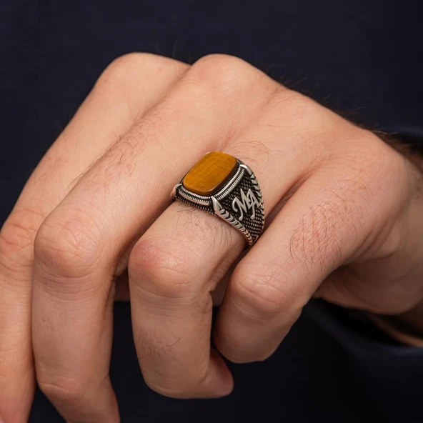 Kaplan Gözü Taşlı Harfli 925 Gümüş Yüzük - Resim 6