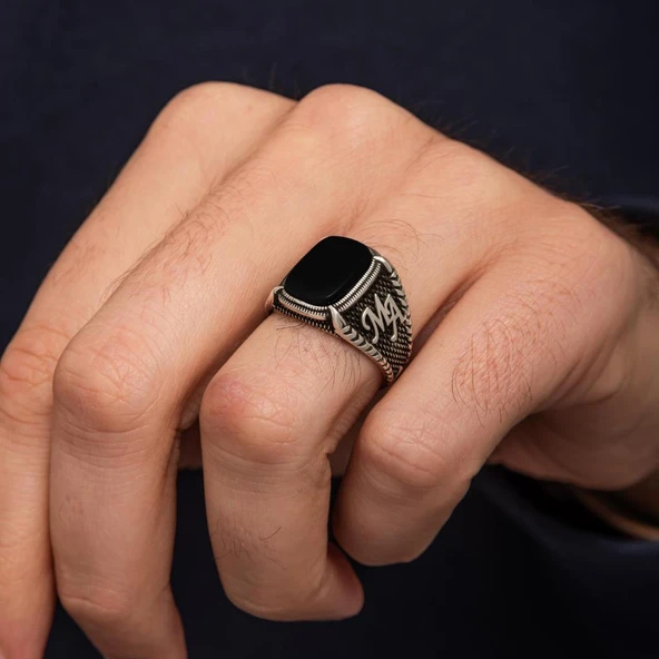 Oniks Taşlı Harfli 925 Gümüş Yüzük - Resim 6