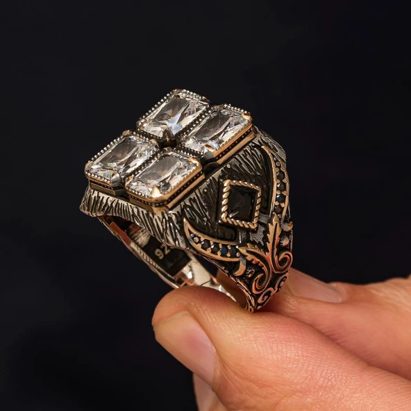 Beyaz Zirkon 4 Taşlı  925 Gümüş Yüzük - Resim 5