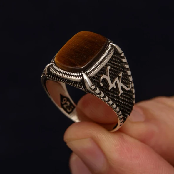 Kaplan Gözü Taşlı Harfli 925 Gümüş Yüzük - Resim 8