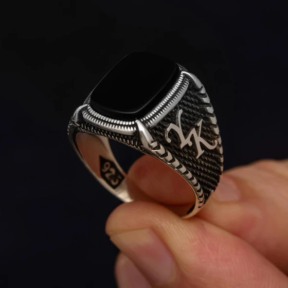 Oniks Taşlı Harfli 925 Gümüş Yüzük - Resim 7