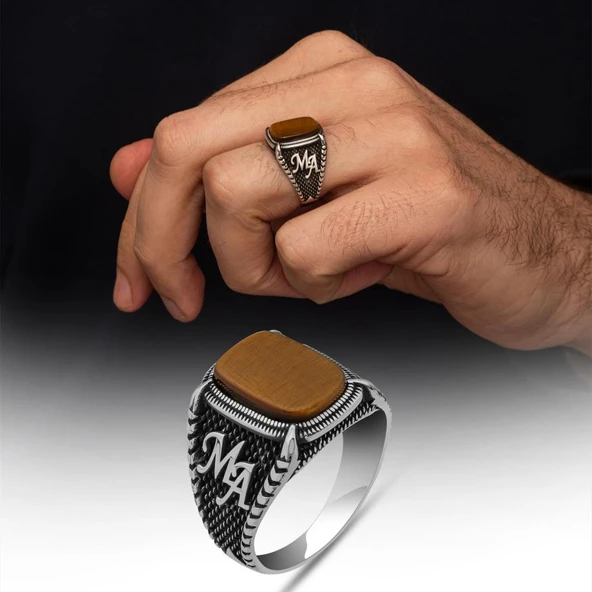 Kaplan Gözü Taşlı Harfli 925 Gümüş Yüzük ürün görseli