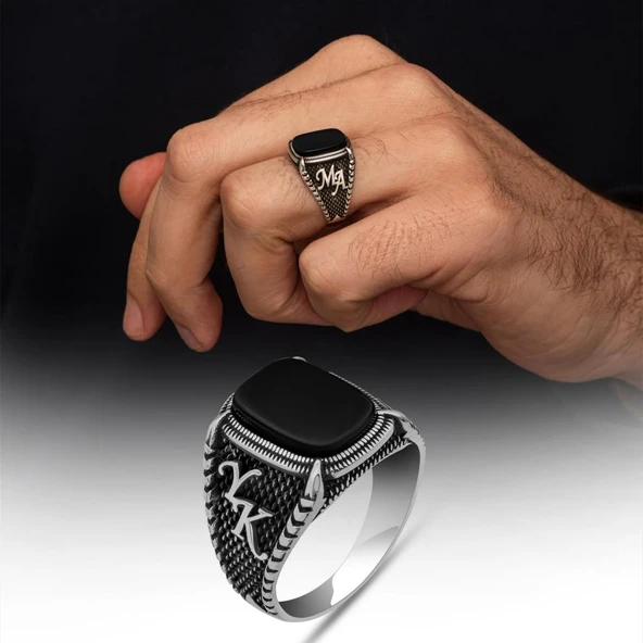 Oniks Taşlı Harfli 925 Gümüş Yüzük ürün görseli