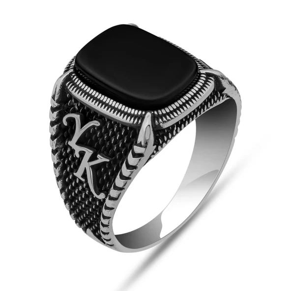 Oniks Taşlı Harfli 925 Gümüş Yüzük - Resim 2