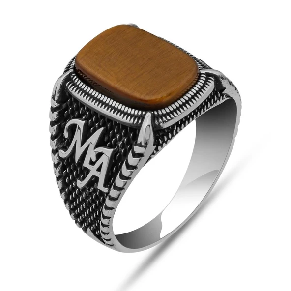 Kaplan Gözü Taşlı Harfli 925 Gümüş Yüzük - Resim 2