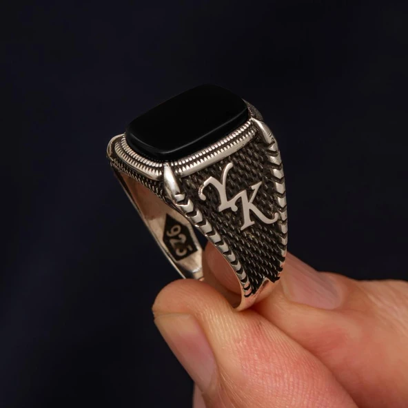 Oniks Taşlı Harfli 925 Gümüş Yüzük - Resim 4