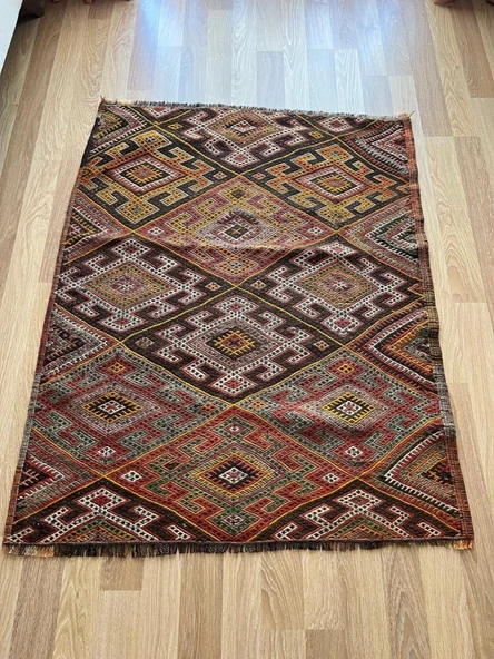 117 x 147 cm El Yapımı Kahverengi Kilim, Vintage Türk Halısı, Akrep Motifli Harika Kondisyonlu Dekoratif Kilim