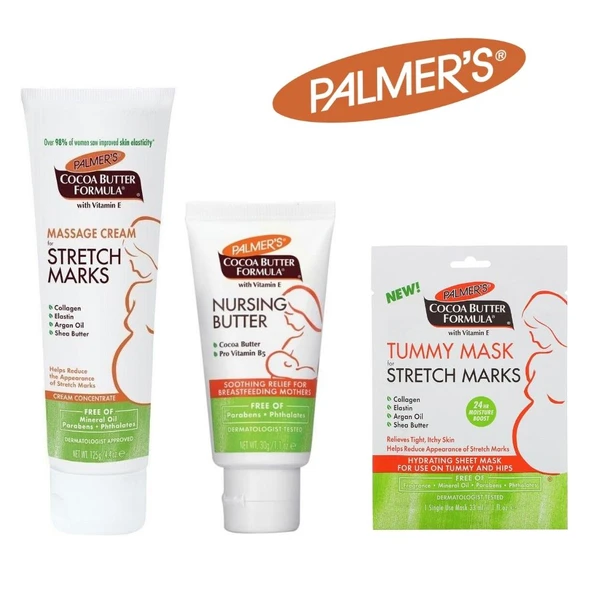 Palmer's Cocoa Butter Formula Nursing Butter+Massage Cream For Strech Marks+Tummy Mask for Stretch Marks Hamile Bakım Seti