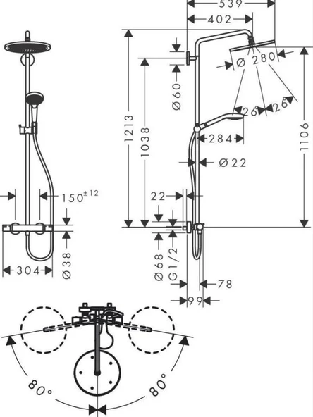Hansgrohe Croma Select S 280 1jet  Duş Kolonu Term Raindance Select S 120 3jet el duşu ile Satin Siyah 26890670 - Resim 2