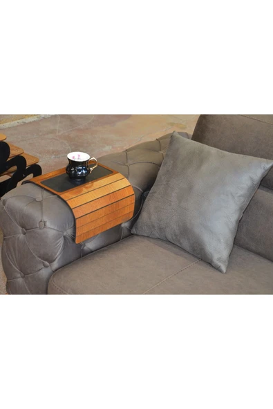 ARKITEKT EX Ahşap Katlanır Portatif Yan Sehpa Kaydırmaz Deri Yüzeyli Xl 50cmx27.8cm Ceviz Renk Orta Siyah Deri - 4