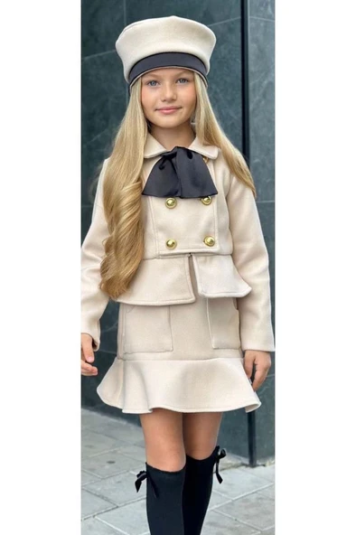 Kız Çocuk Asimetrik Kesim ve Düğme Detaylı Ceket Eteği Fırfır Detaylı Krem Kaşe Etekli Takım - 2