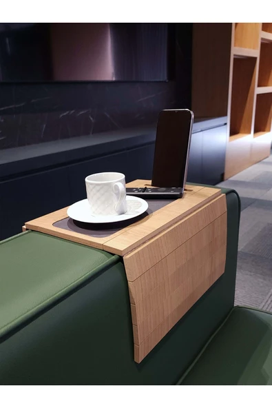 ARKITEKT EX Telefon Tutuculu Ahşap Katlanır Portatif  Organizer Yan Sehpa Kaydırmaz Deri Yüzeyli - 2