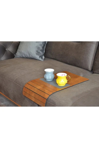 ARKITEKT EX Ceviz Renk Orta Gri Deri Ahşap Katlanır Portatif Yan Sehpa Kaydırmaz Deri Yüzeyli Xl 50cmx27.8cm - 3