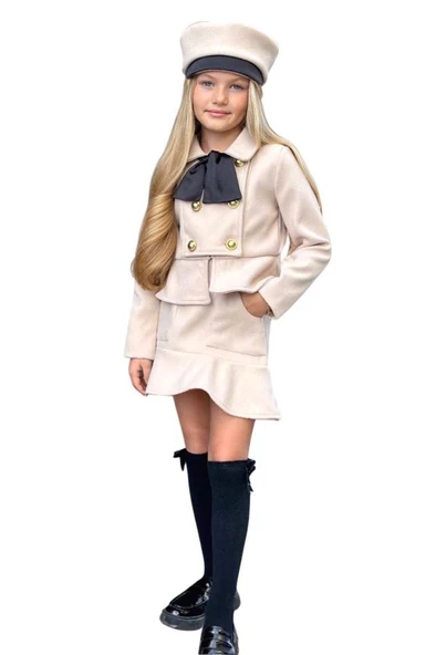 Kız Çocuk Asimetrik Kesim ve Düğme Detaylı Ceket Eteği Fırfır Detaylı Krem Kaşe Etekli Takım - 6