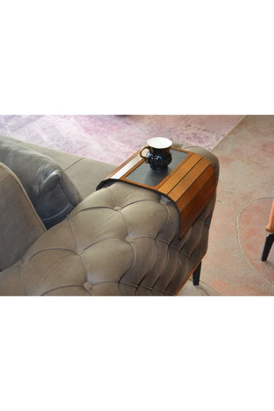 ARKITEKT EX Ahşap Katlanır Portatif Yan Sehpa Kaydırmaz Deri Yüzeyli Xl 50cmx27.8cm Ceviz Renk Orta Siyah Deri - 3